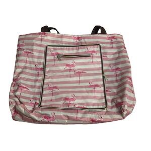 XL Reusable Tote Beach Bag striped storage zippered Pink Flamingos